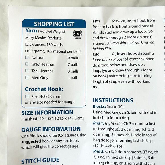 Mary Maxim Spiked Granny Blanket Crochet Kit - Grey Teal Natural Yarn 49 x 58 - Picture 3 of 4